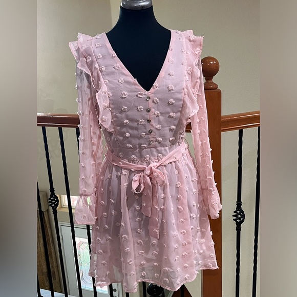 Woven Pink SWISS DOT, V NECK RUFFLE TRIM LONG SLEEVE FEMININE MINI DRESS SIZE M - Picture 4 of 13